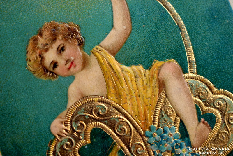 Antik dombornyomott Újévi üdvözlő képeslap - kisgyerek hatalmas arany 4levelű lóhere 1908ból