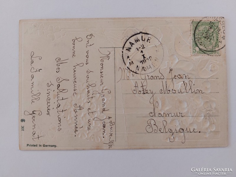 Régi képeslap 1912 dombornyomott levelezőlap rózsa lóhere primula szív
