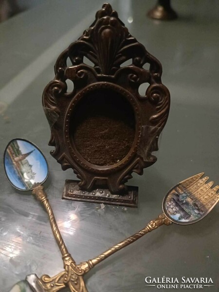 Copper spoon decorated with vila fire enamel + 1 copper picture frame