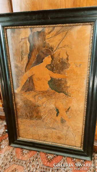Nagyon ritka és régi, fa intarzia akt kép a századfordulóról 81*55 cm