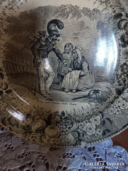 Antique, brown, patina faience plate