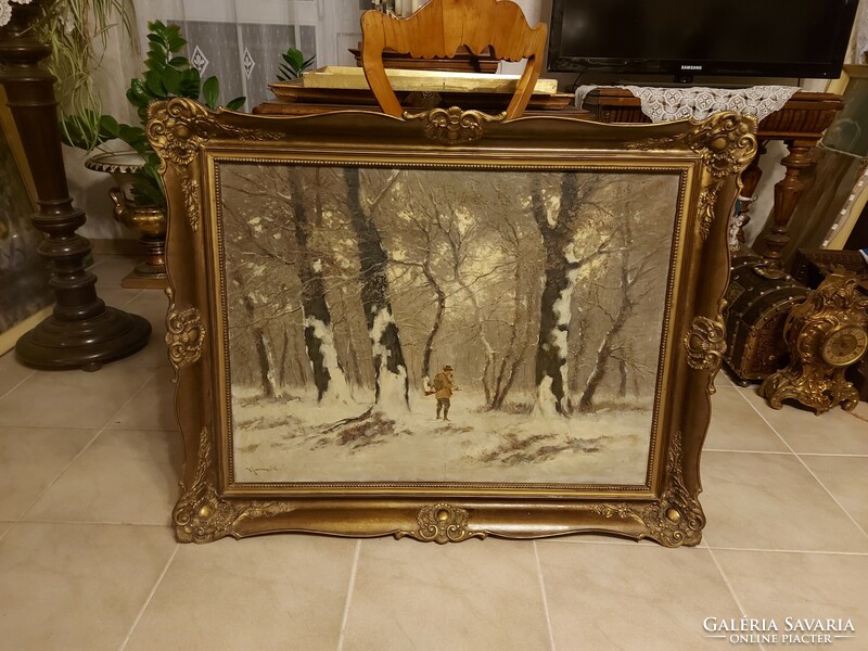 Valiant Sashegy Kalman winter landscape with hunting painting!