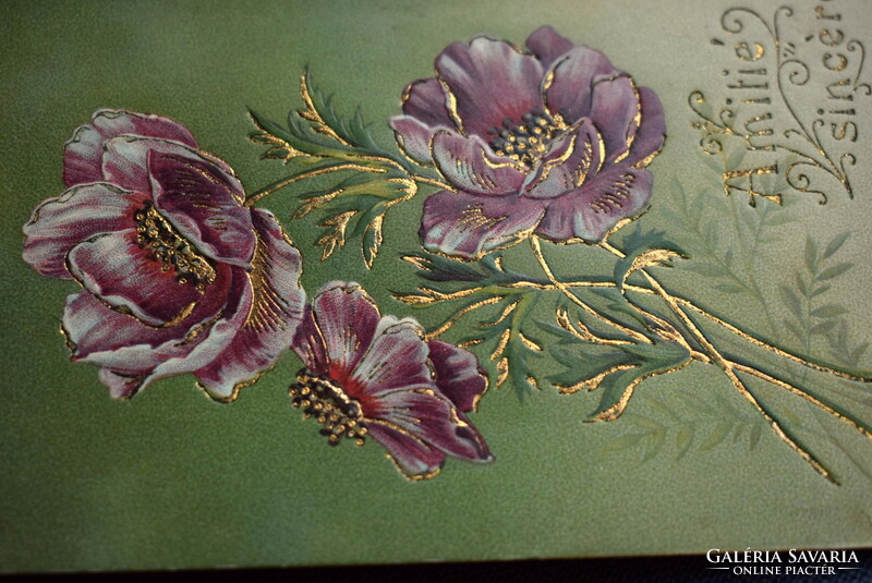 Antik dombornyomott üdvözlő képeslap - mákvirág