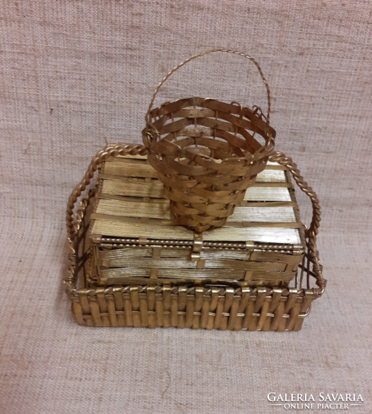 Small copper offering basket made with old handwork, two boxes with lids and a small round basket