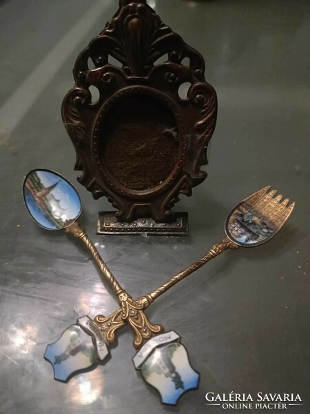 Copper spoon decorated with vila fire enamel + 1 copper picture frame