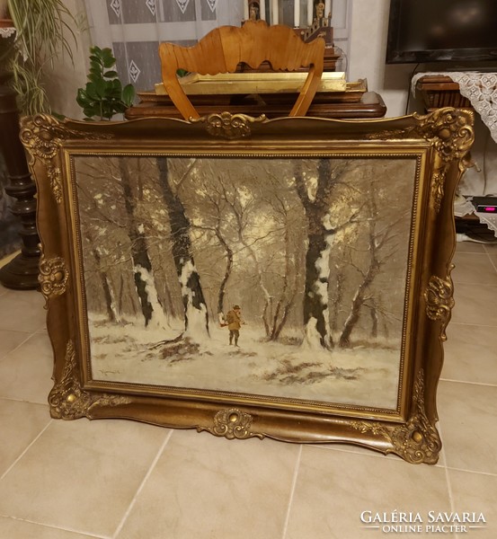 Valiant Sashegy Kalman winter landscape with hunting painting!