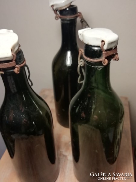 Old small green glass bottles with buckles, 3 pcs