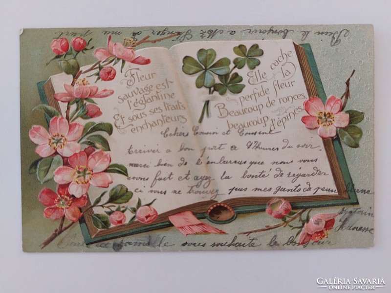 Régi képeslap 1905 dombornyomott levelezőlap lóhere cseresznyevirág