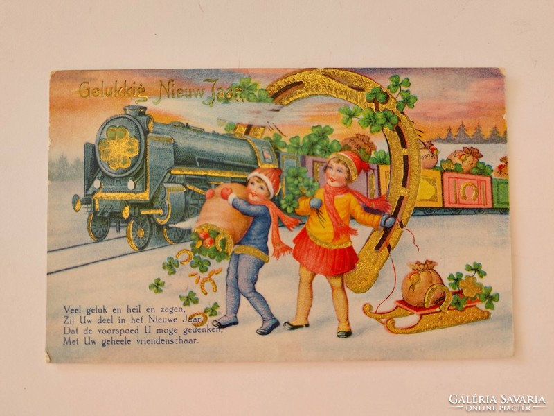 Old postcard New Year postcard lucky train children horseshoe clover