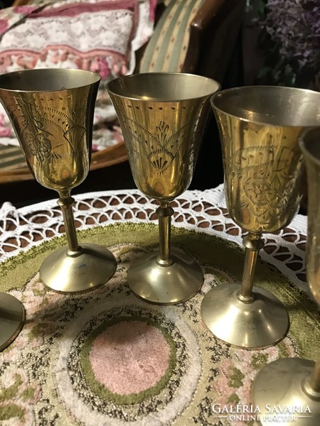 Beautiful, antique, 5-piece, engraved, alpaca, stemmed glass, goblet set