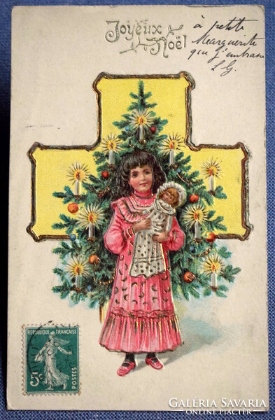 Antique embossed Christmas greeting card - little girl playing with doll, Christmas tree from 1907