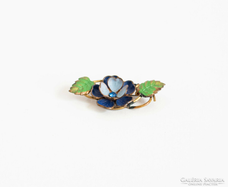 Antique blue floral brooch - vintage brooch, pin with enamel/painting decoration, pearl