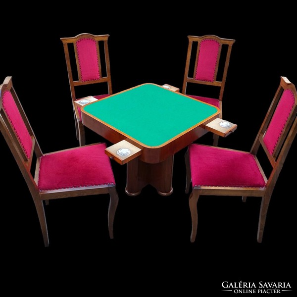 Antik kártyaasztal- játékasztal 4 székkel