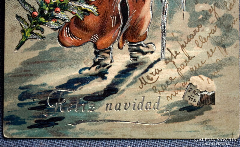 Antique embossed Christmas greeting card - Santa leaves with the Christmas tree. At night from 1907