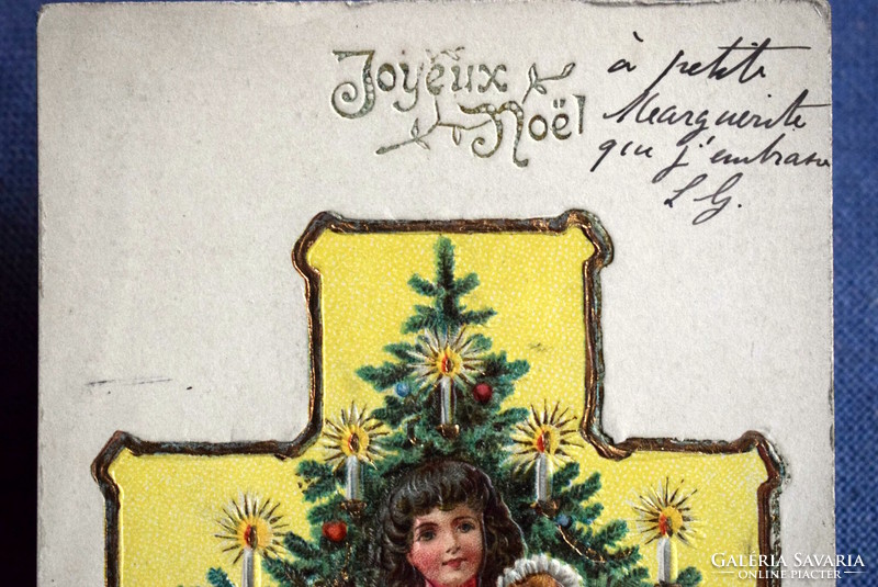Antique embossed Christmas greeting card - little girl playing with doll, Christmas tree from 1907