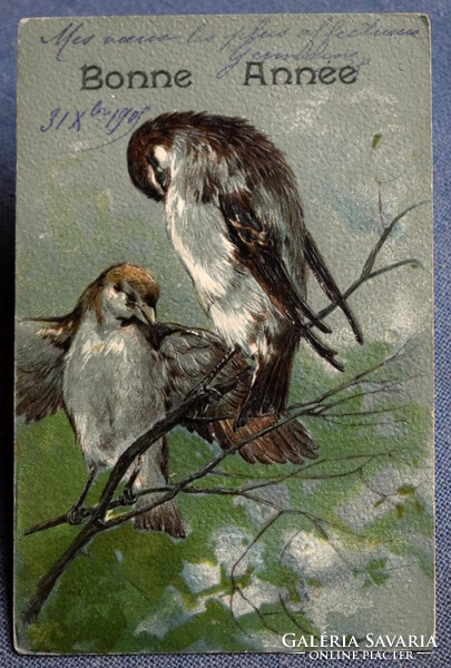 Antique embossed New Year greeting card - feathered sparrows from 1908