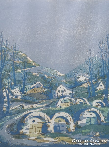 Turkish endre (1926-1980): wine cellars (colored linocut in frame)