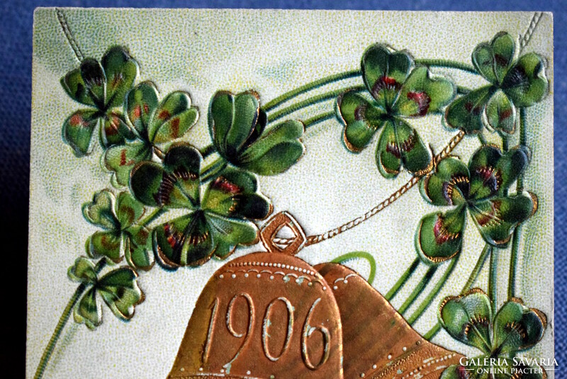 Antique embossed New Year greeting card with golden bell 1906, 4-leaf clover