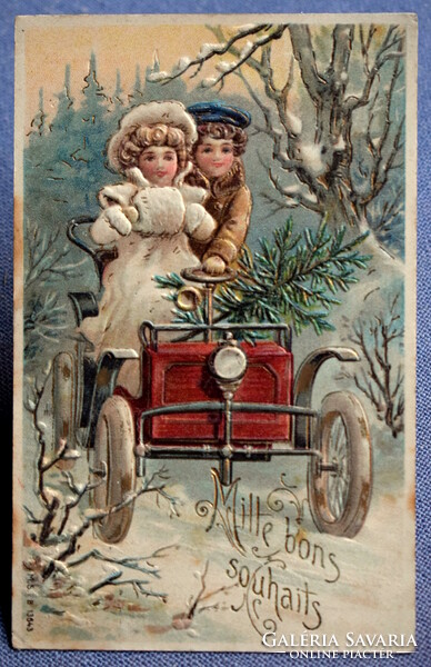 Antique embossed Christmas greeting card - children, winter landscape, automobile, pine tree from 1903