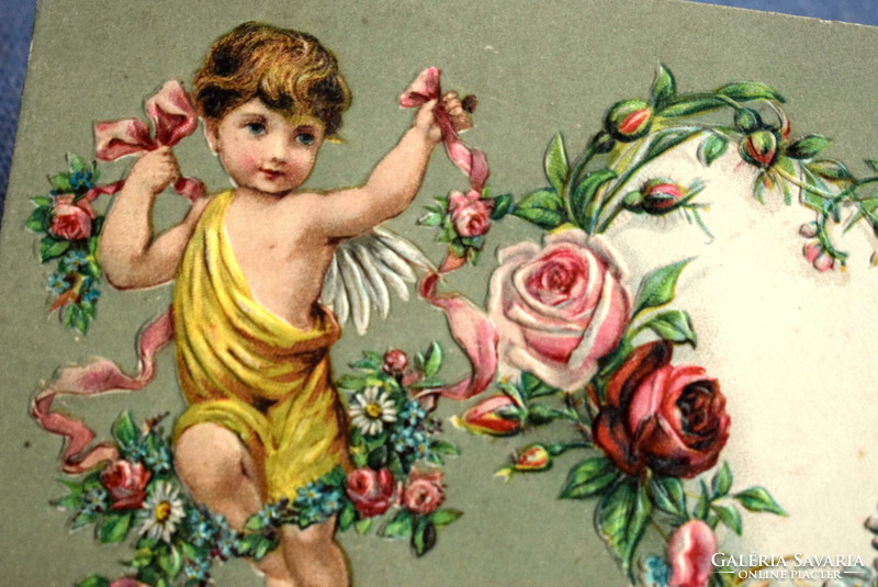 Antique embossed greeting card - putts, flower, rose, heart from 1908