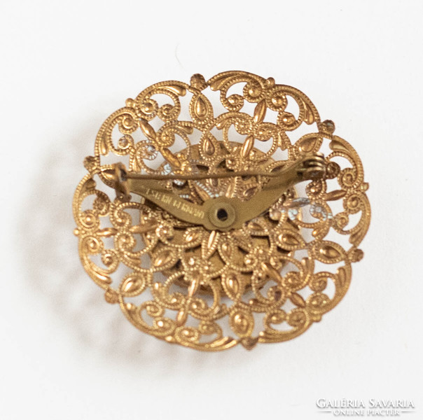 Victorian style golden brooch with porcelain image - vintage lapel pin