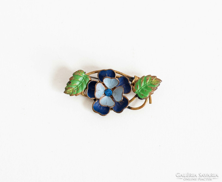 Antique blue floral brooch - vintage brooch, pin with enamel/painting decoration, pearl