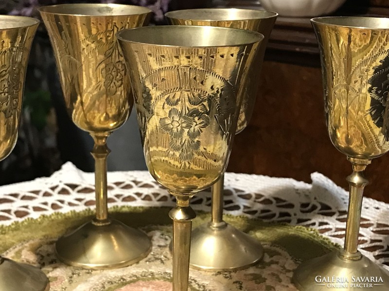 Beautiful, antique, 5-piece, engraved, alpaca, stemmed glass, goblet set