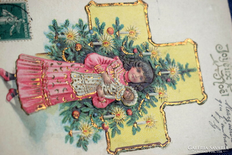 Antique embossed Christmas greeting card - little girl playing with doll, Christmas tree from 1907