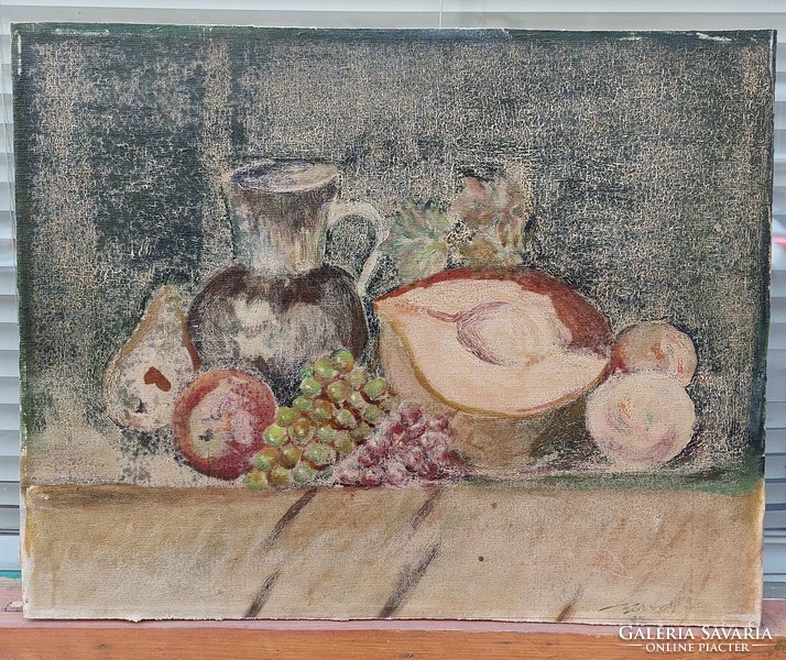 Jelzett olaj-vászon asztali csendélet festmény