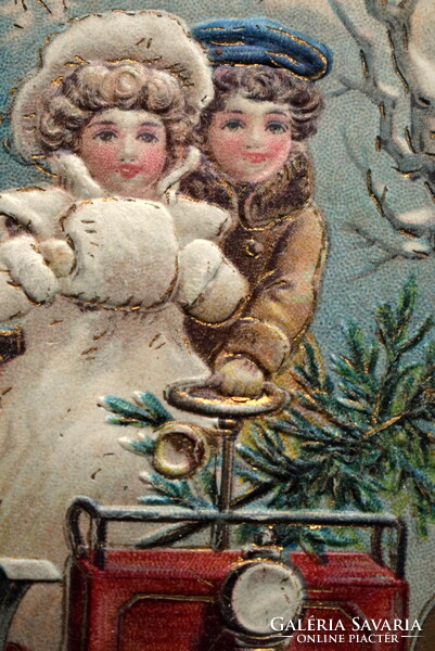 Antik dombornyomott Karácsonyi üdvözlő képeslap - gyerekek , téli táj, automobil, fenyőfa  1903ból