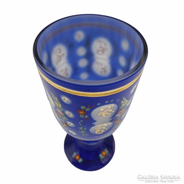 Czech bathing glass dark blue floral m00843