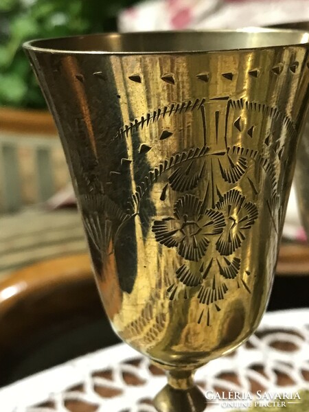 Beautiful, antique, 5-piece, engraved, alpaca, stemmed glass, goblet set