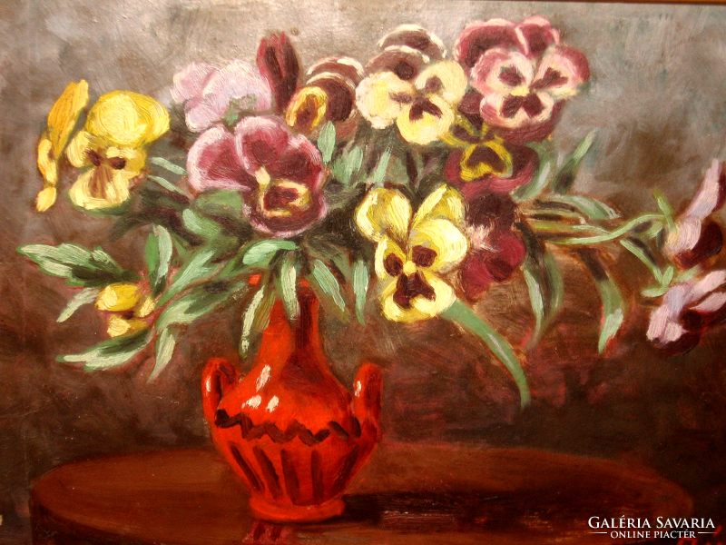 Signed old floral still life: pansies in a vase