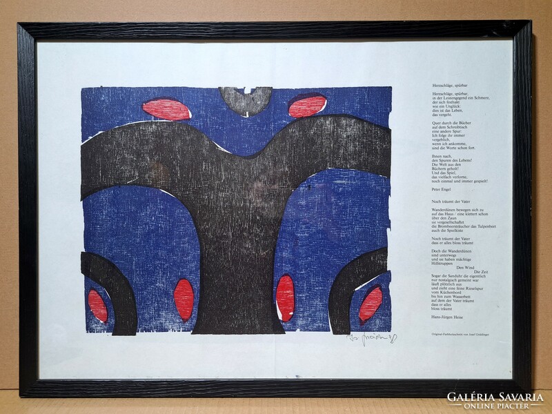 Josef gnädinger: heartbeats - composition for a poem (color woodcut, Swiss artist)