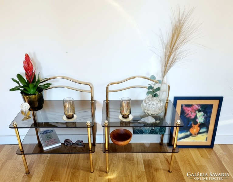 Pair of vintage smoked glass shelves, pair of nightstands