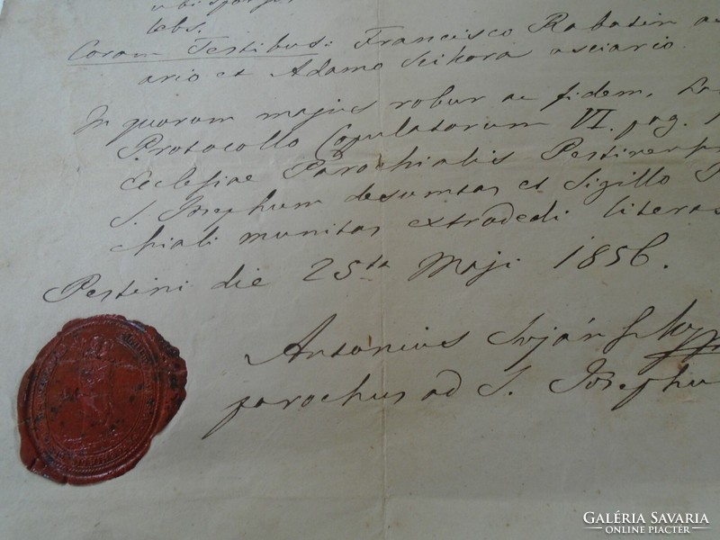 ZA470.23  Régi irat- Johannes Olexa- Anna Terro  1856  Pest  okmánybélyeg, viaszpecsét