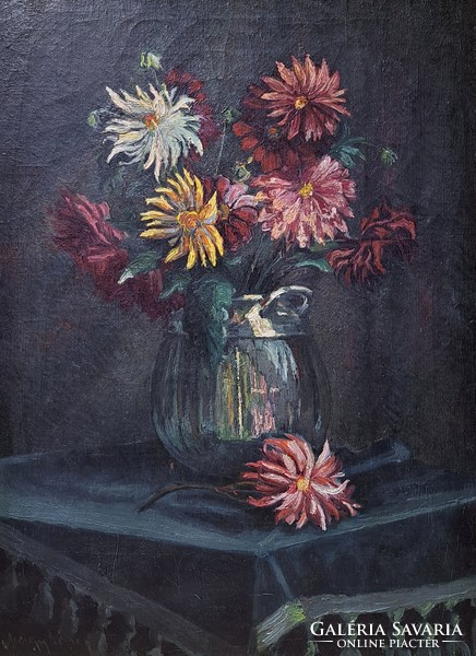 Károly the Great (1880-1931): still life with flowers (old oil painting in frame)
