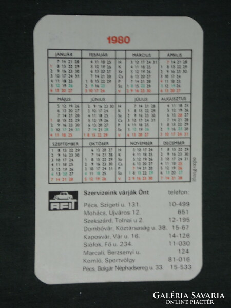 Card calendar, afit, 14.Sz car repair shop, Pécs, graphic designer, Ikarus bus, Trabant car, 1980, (2)