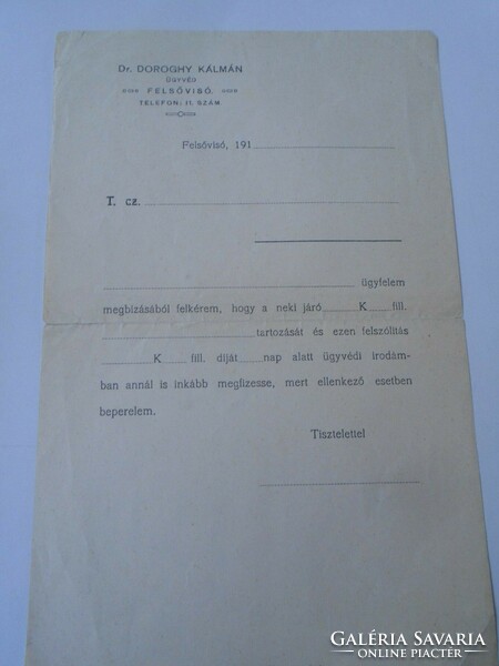 ZA470.16  Feslővisó (ma Románia Viseul de Sus) 1910's Dr. Doroghy Kálmán ügyvéd  tartozás behajtása