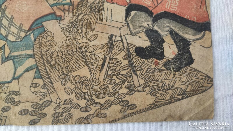 Japanese woodcut: lucky gods harvesting rice