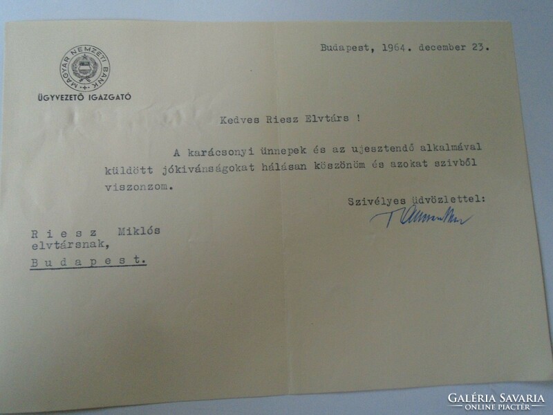 ZA468.27  MNB Magyar Nemzeti Bank - 1964  Budapest -Riesz Miklós elvtársnak címezve, ügyvezető ig.