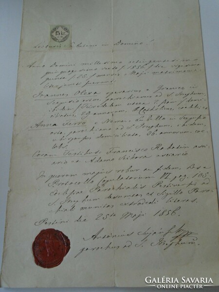 ZA470.23  Régi irat- Johannes Olexa- Anna Terro  1856  Pest  okmánybélyeg, viaszpecsét