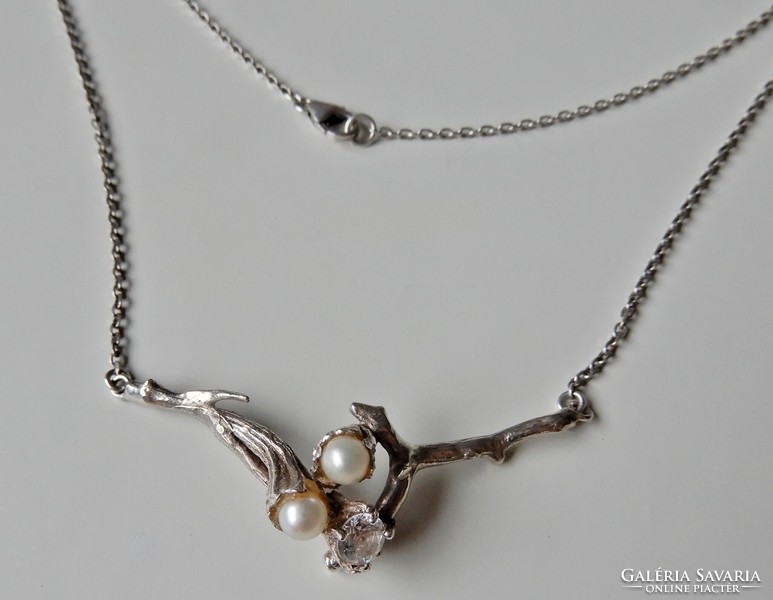 Handmade silver necklace with real pearls and zirconia stone