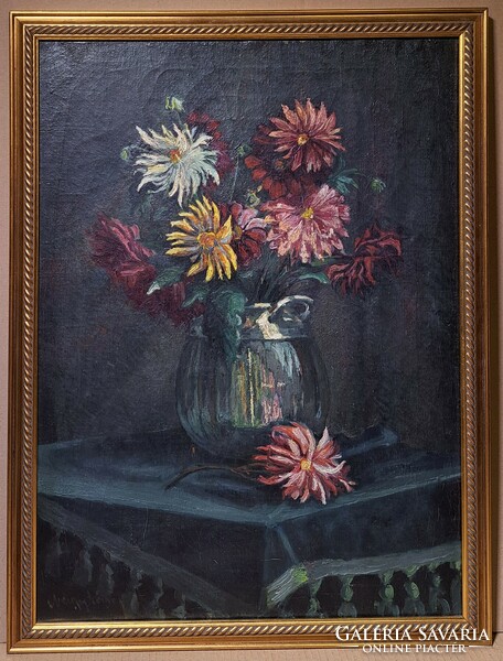 Károly the Great (1880-1931): still life with flowers (old oil painting in frame)