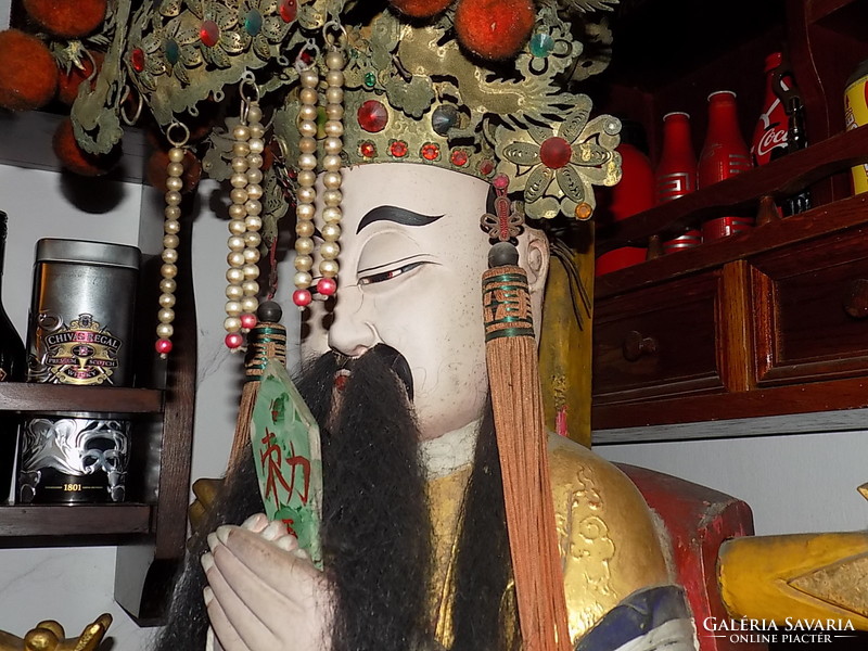 Jade Emperor on the Dragon Throne, with original imperial crown, huge carved Taoist wooden statue