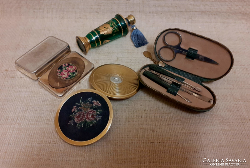 Vintage Toiletry Accessories Scented Glass Tapestry Embellished Powder and Medicine Box Manicure Set