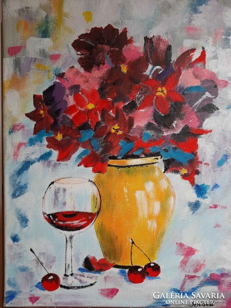 Still life with flowers, vase, wine, 30x40 cm canvas, acrylic.