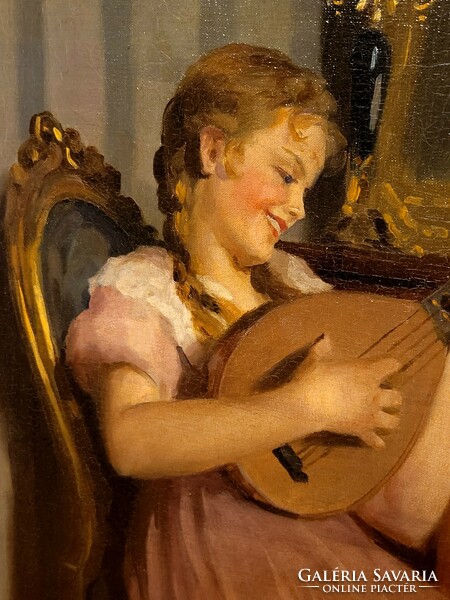 Emil Pap (1884 - 1955) girl with mandolin beautiful original painting