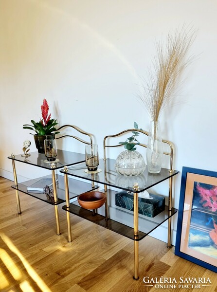 Pair of vintage smoked glass shelves, pair of nightstands