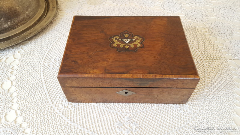 Old copper/mother-of-pearl inlaid wooden box